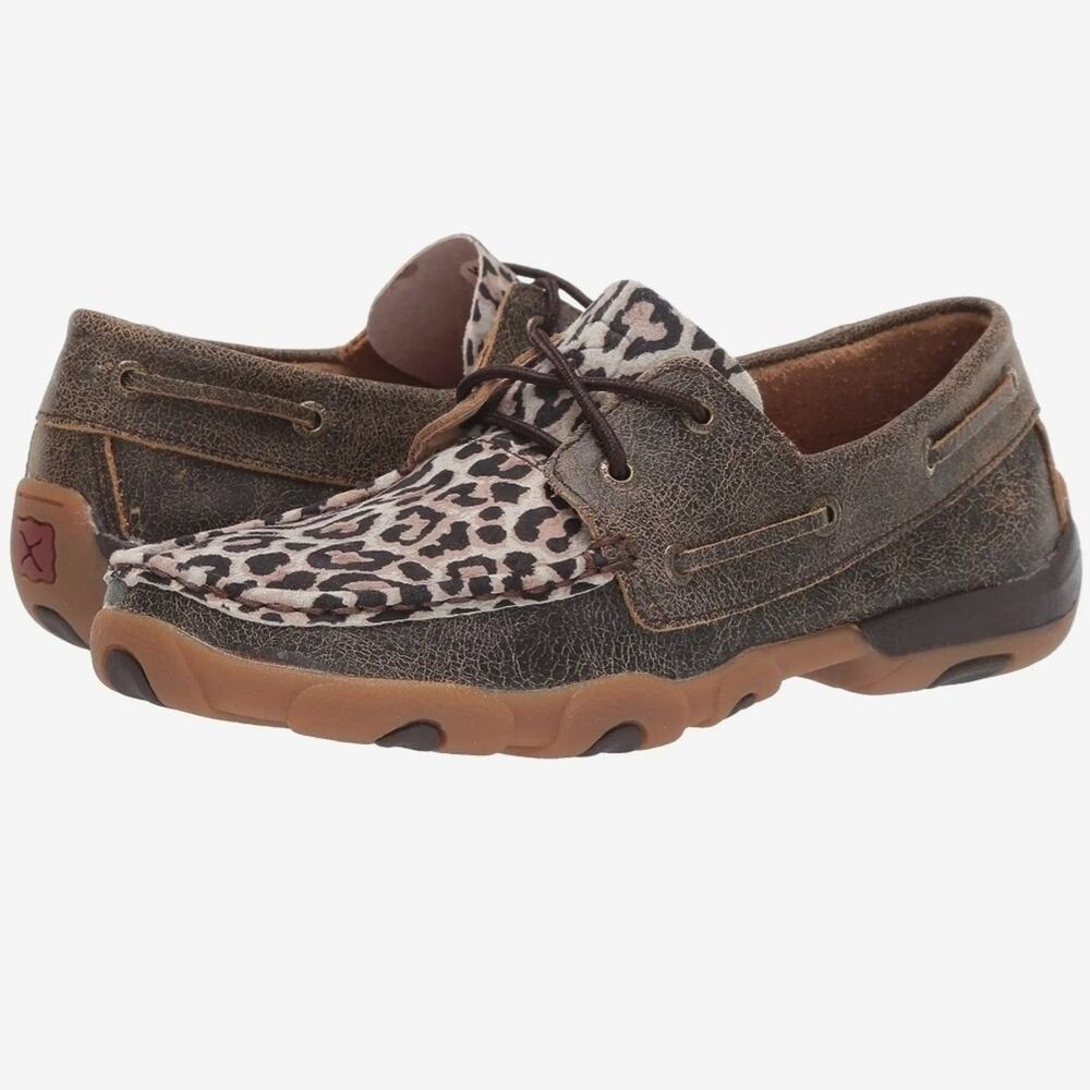 Twisted X Leopard Print Leather Boat Shoes with Brown Accents Sz. 1M